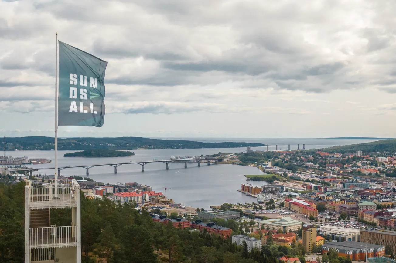 En flagga på toppen av en kulle med utsikt över en stad.