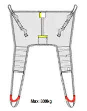 En illustration av en lyftsele med delade benstöd.