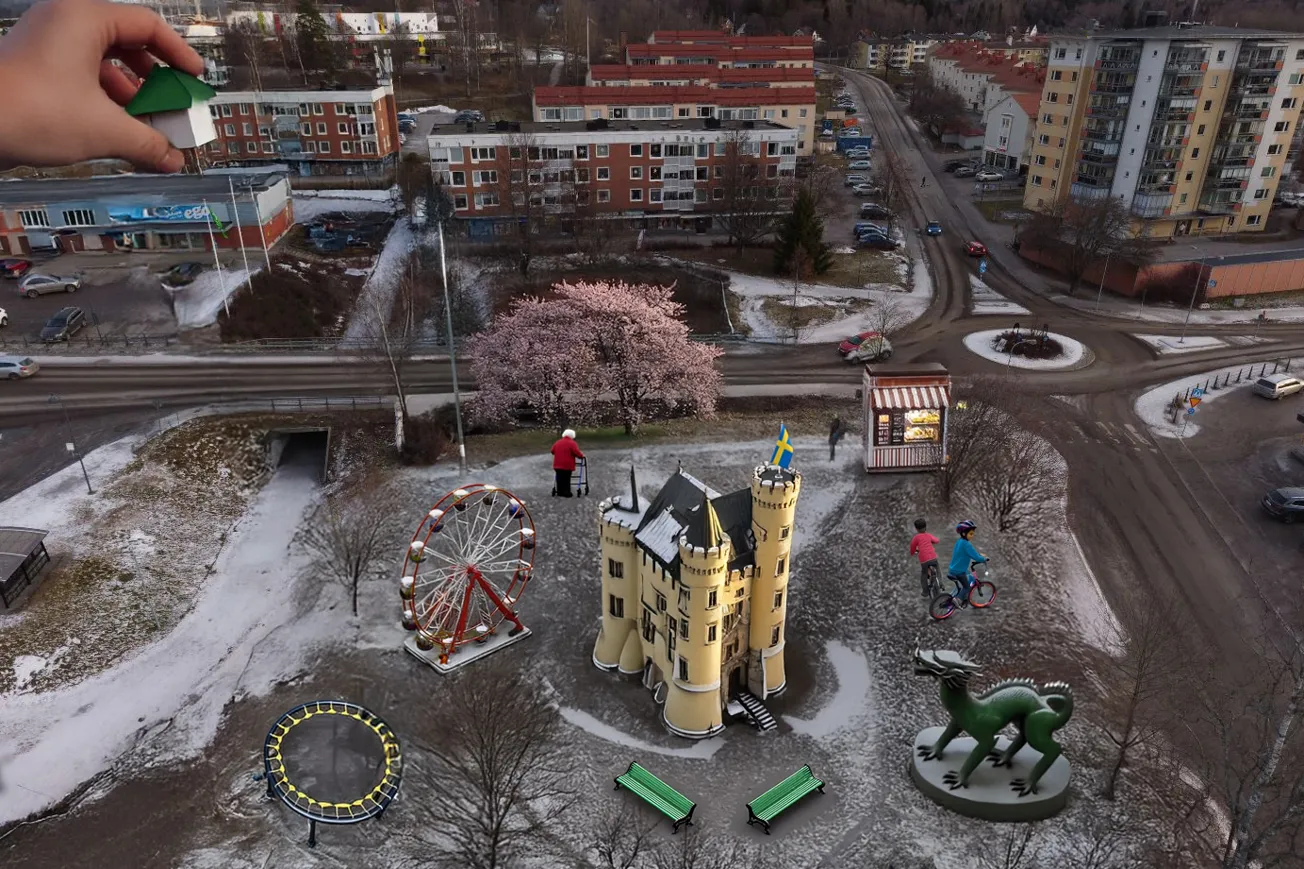Alnö centrum, tomten där Öde skola stått, AI-genererad.