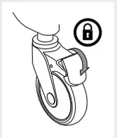 En illustration av ett hjul till en hygienstol, med en bromsklaff nedtryckt mot hjulet.