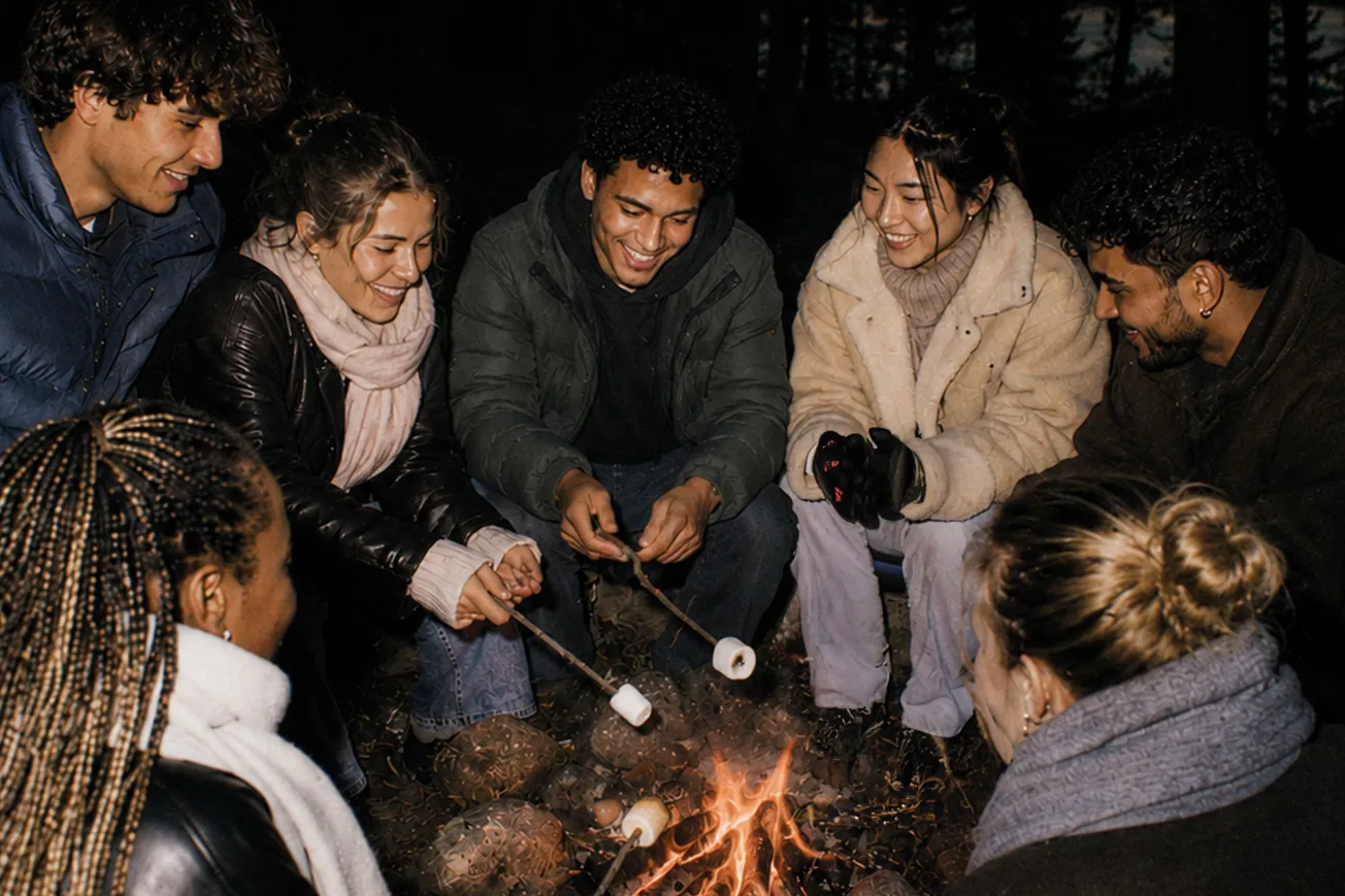 En grupp unga människor sitter framför en brasa och grillar marshmallows.
