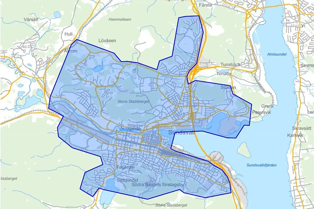 Kartbild som visar området för datumparkering i Sundsvall.