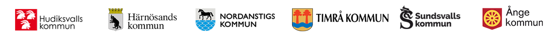 Sundsvallsregionens kommuners logotyper på rad. Hudiksvall. Härnösand, Nordanstig, Timrå, Sundsvall, Ånge