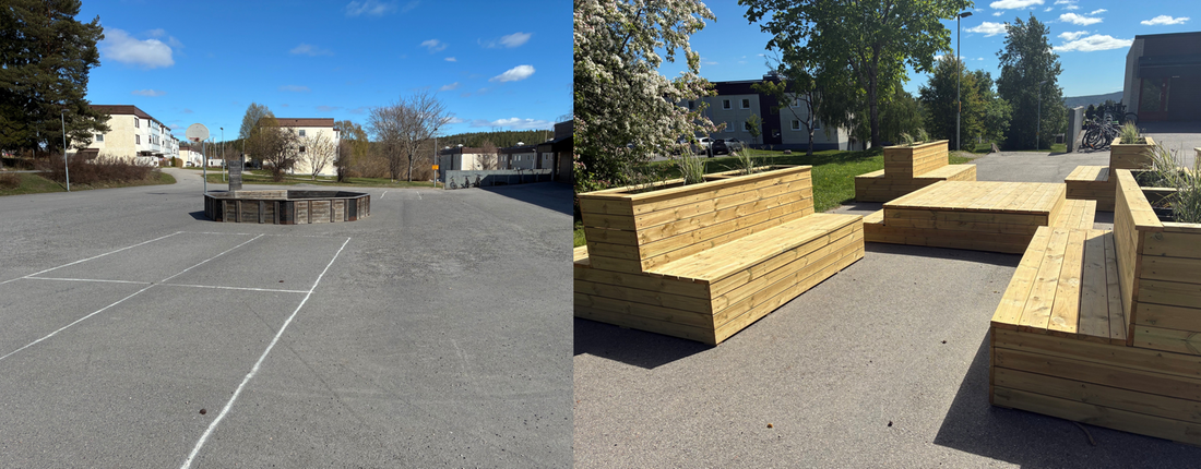 Före- och efterbild av Bosvedjeskolans skolgård. Till vänster syns en asfalterad yta med få inslag av grönska. Till höger syns den färdiga mötesplatsen med trämöbler, planteringslådor och växter.