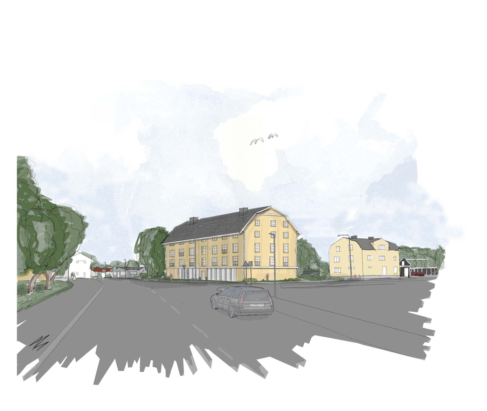 Illustration av ett flerbostadshus med fyra våningar.
